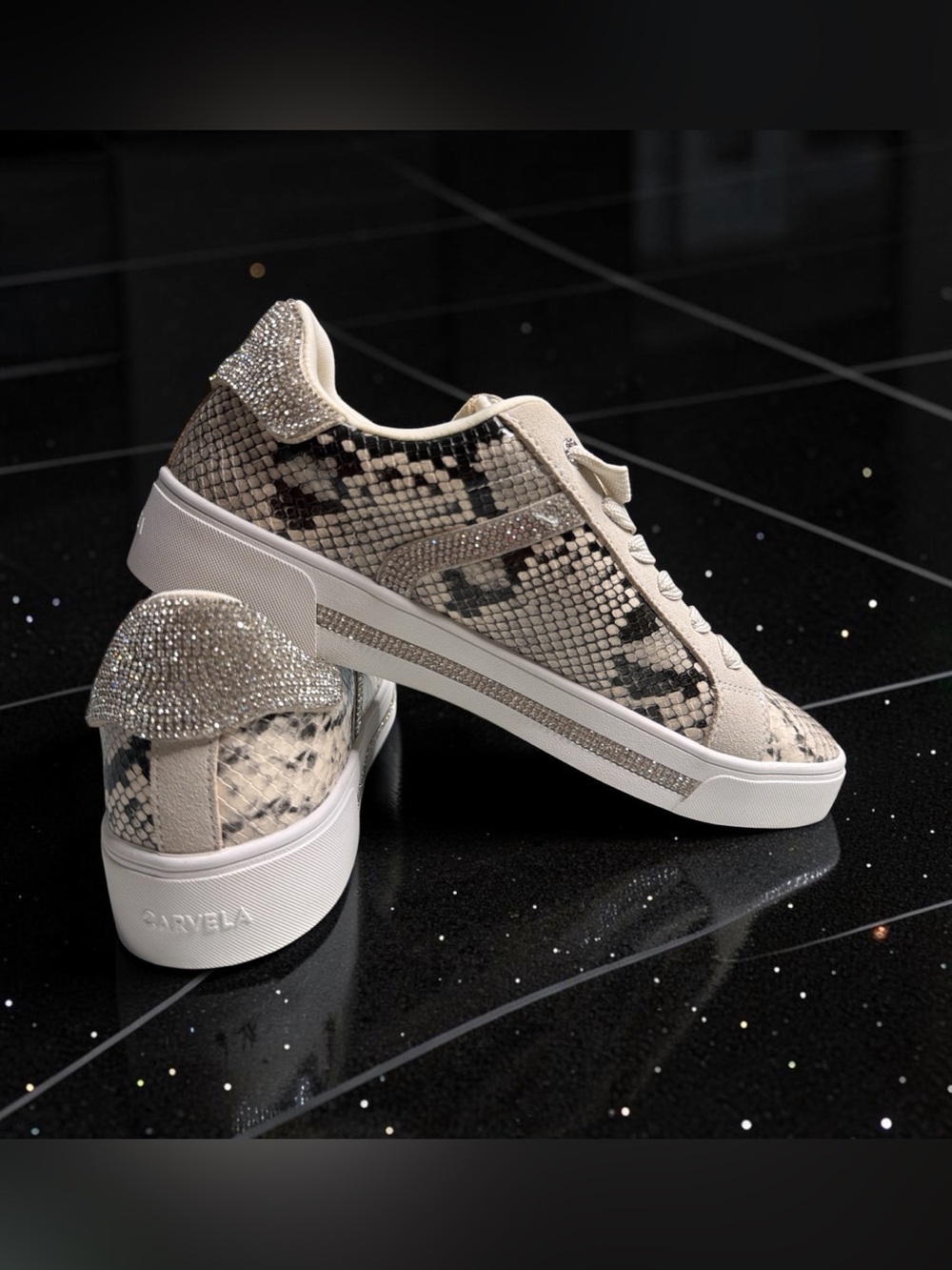 Women's Beige Snake-Print Rhinestone Accent Sneakers